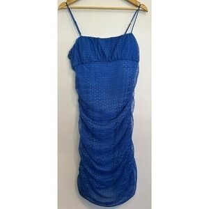 BCBGeneration Ruched Mesh Mini Dress Womens 14‎ Blue Swiss Dot Bodycon Excellent